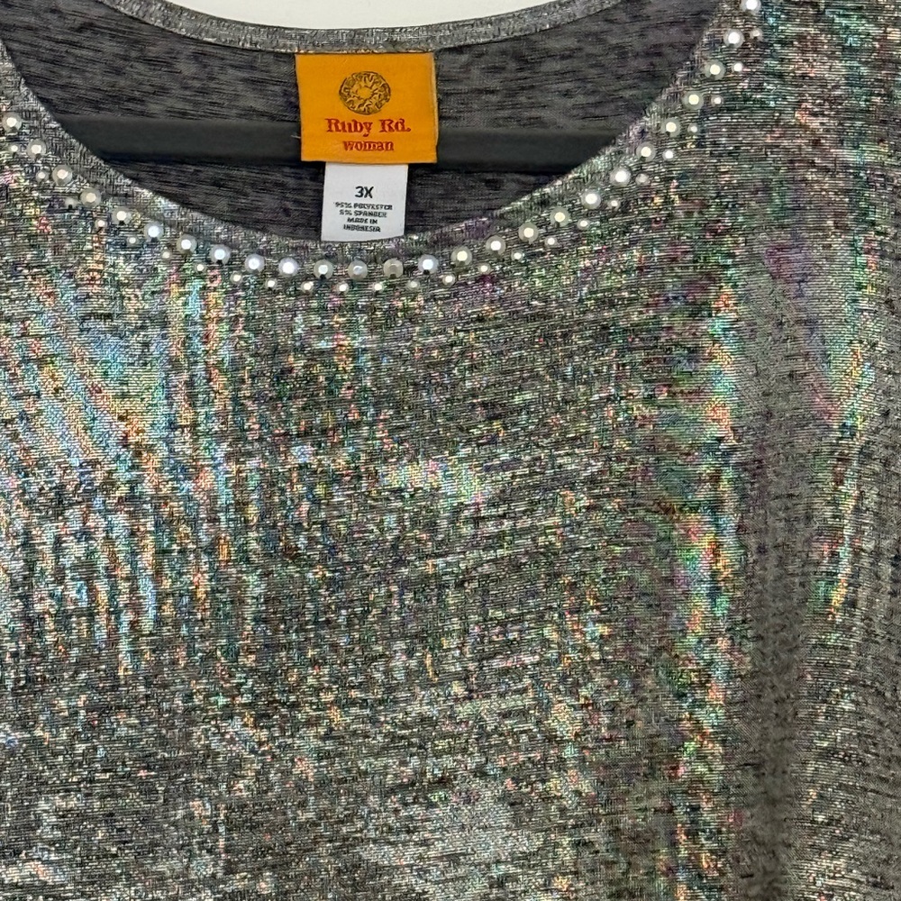Ruby Rd. Women's Shimmering Silver Blouse with Pearl Detail